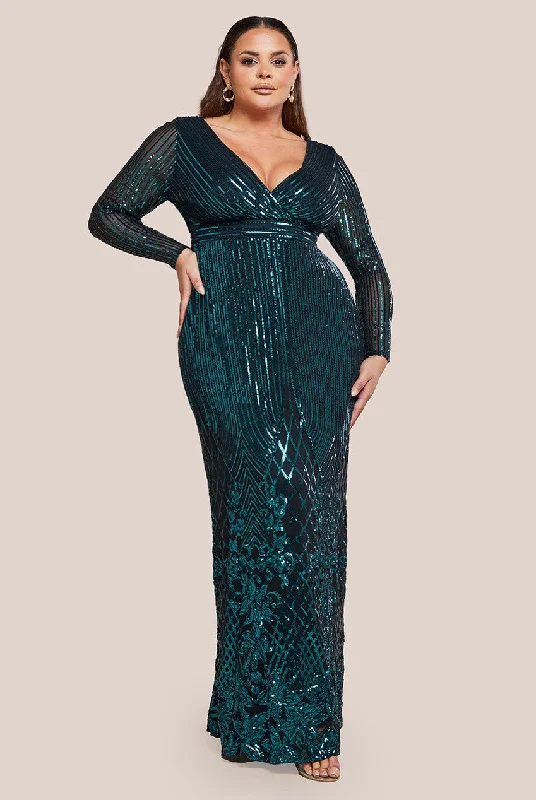 Mermaid - Style Women Dress with a Fitted Silhouette for Special OccasionsGoddiva Plus Long Sleeve Sequin V Wrap Maxi Dress - Emerald Green