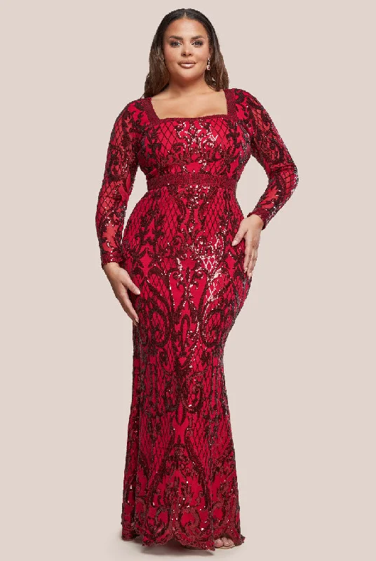 Backless Women Dress for a Sexy and Alluring Look at Evening EventsGoddiva Plus Sequin Square Neck Maxi With Scallop Hem - Red