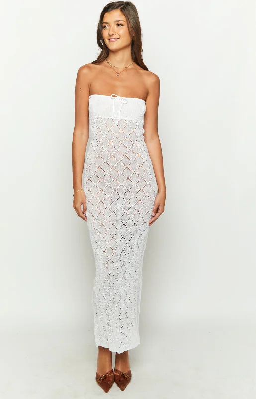 Backless Women Dress for a Sexy and Alluring Look at Evening EventsHalina White Knit Strapless Maxi Dress