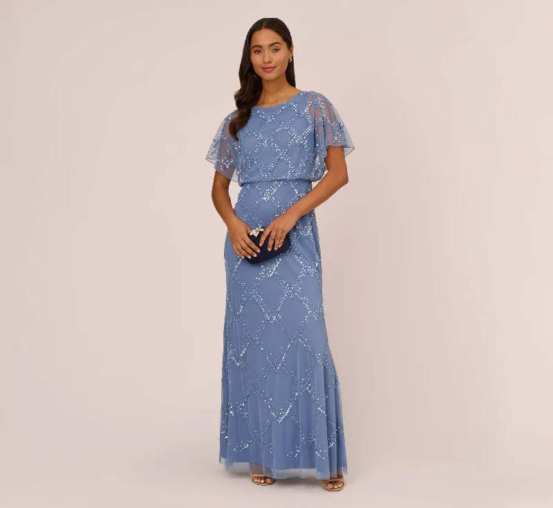 Mini Women Dress with a Short Hem for a Young and Trendy StyleHand-Beaded Blouson Long Gown With Flutter Sleeves In French Blue