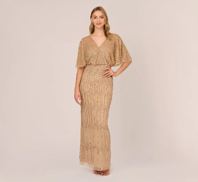 Plus Size Women Dress with a Flattering A - Line Cut for Comfort and StyleHand-Beaded Illusion Long Column Blouson Gown In Champagne Gold