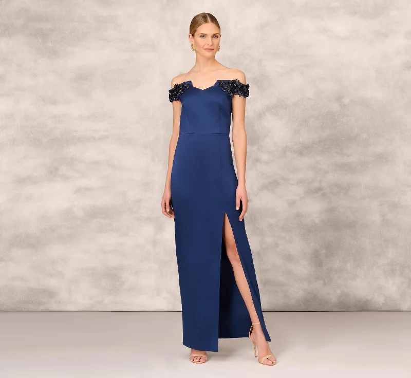 Halter Neck Women Dress to Show Off the Shoulders and NecklineHand Beaded Off The Shoulder Long Column Gown With Slit In Navy