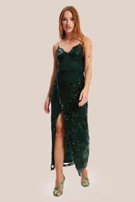 Mermaid - Style Women Dress with a Fitted Silhouette for Special OccasionsLiquorish Forest Green Sequin Maxi Dress With Long Slit