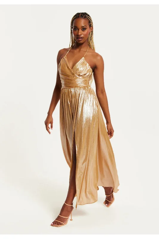 Ruffled Women Dress with Multiple Layers for a Playful and Girly StyleLiquorish Strapless Gold Foil Printed Jersey Maxi Dress