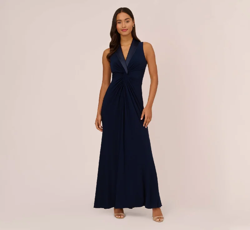 Off - the - Shoulder Women Dress for a Romantic and Feminine LookMatte Jersey Twist Front Tuxedo Long Gown In Midnight