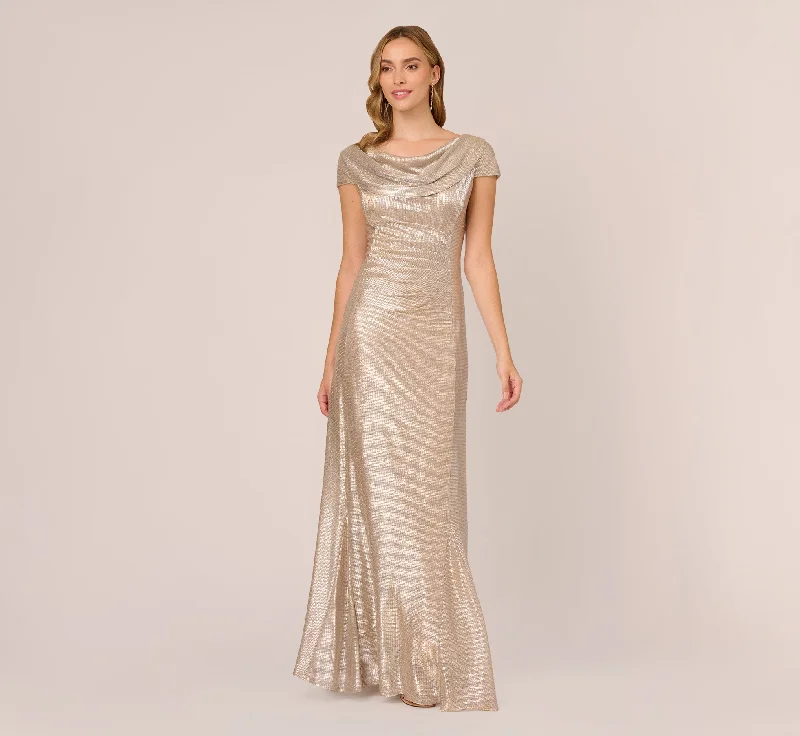 Ball Gown Women Dress with a Full Skirt for a Princess - like LookMetallic Foil Knit Draped Long Gown In Alabaster