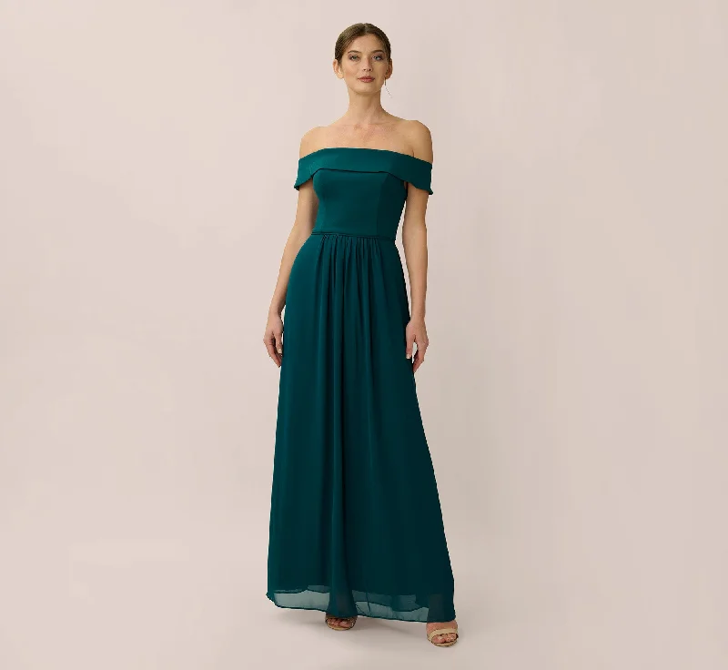 Plus Size Women Dress with a Flattering A - Line Cut for Comfort and StyleOff The Shoulder Crepe Chiffon Gown With Soft Skirt In Hunter