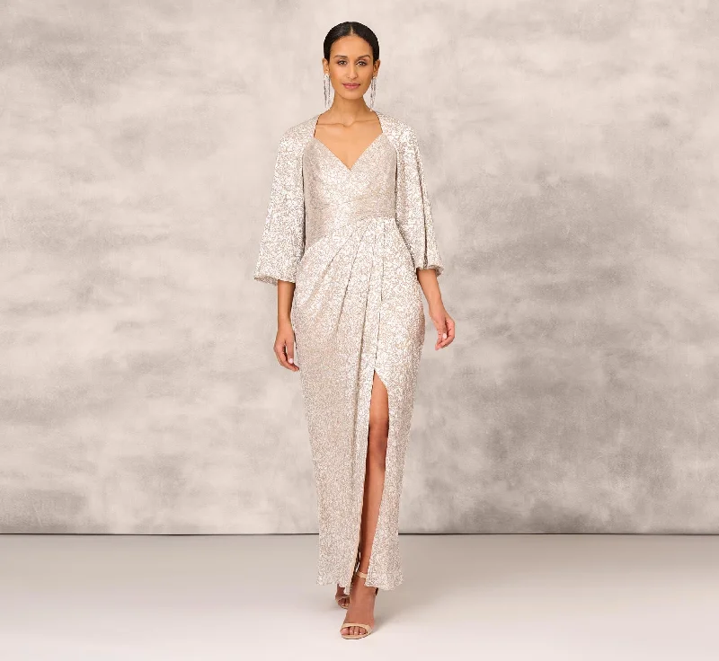 Empire Waist Women Dress to Accentuate the Bust and Conceal the WaistPleated Foiled Long Column Dress With Slit And Flutter Sleeves In Silver Gold