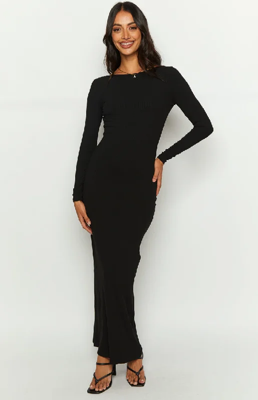 Pleated Women Dress with a Timeless and Elegant TextureRomilly Black Long Sleeve Maxi Dress