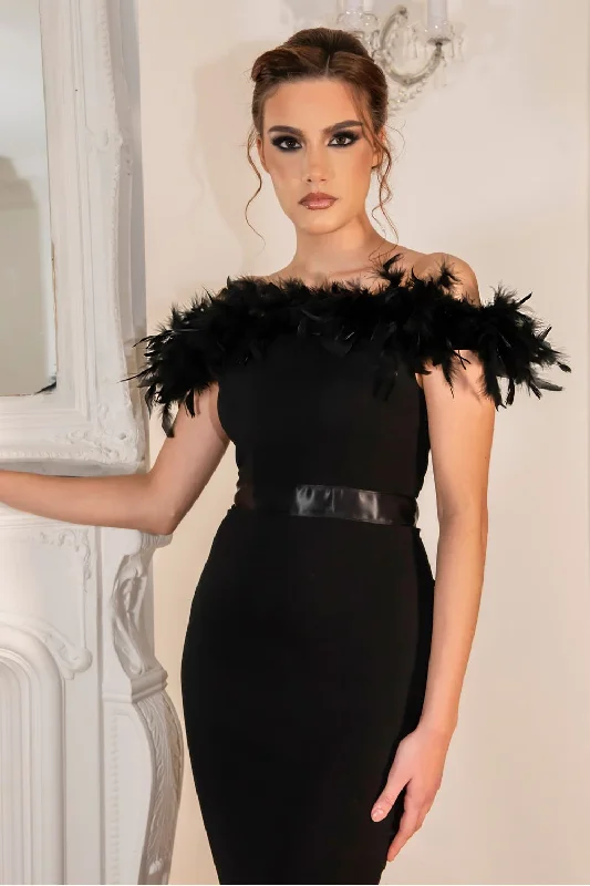 Long - Sleeve Women Dress in Velvet for a Luxurious Winter LookSaint A Crystal Fishtail Bardot Feather Trim Dress