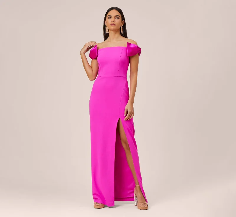 Mini Women Dress with a Short Hem for a Young and Trendy StyleStretch Crepe Off-The-Shoulder Long Column Gown With Bows In Pink Flame