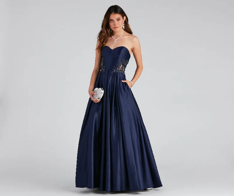 Sleeveless Women Dress in Bright Colors for Summer PartiesTinsley Embroidered Pleated Satin Ball Gown