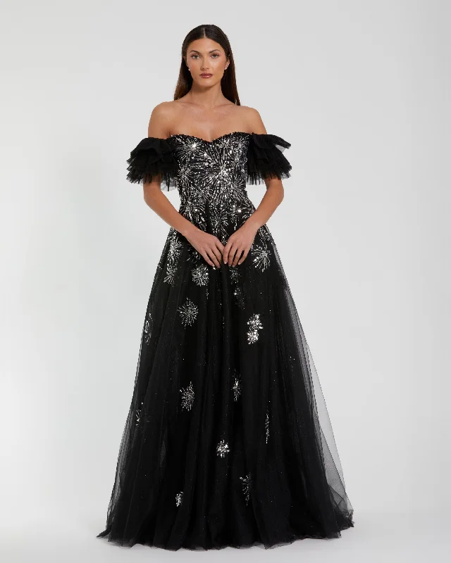 Ruffled Women Dress with Multiple Layers for a Playful and Girly StyleTulle Off The Shoulder Gown With Sequin Details