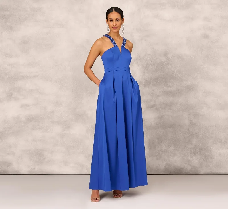 Wrap - Style Women Dress with Adjustable Fit for All Body TypesV-Neck Mikado Gown With Jewel Beaded Straps In Royal Sapphire