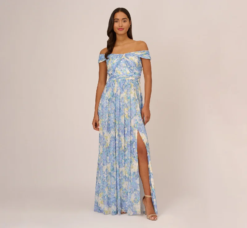 Pleated Women Dress with a Timeless and Elegant TextureWatercolor Floral Print Gown With Off The Shoulder Neckline In Blue Multi