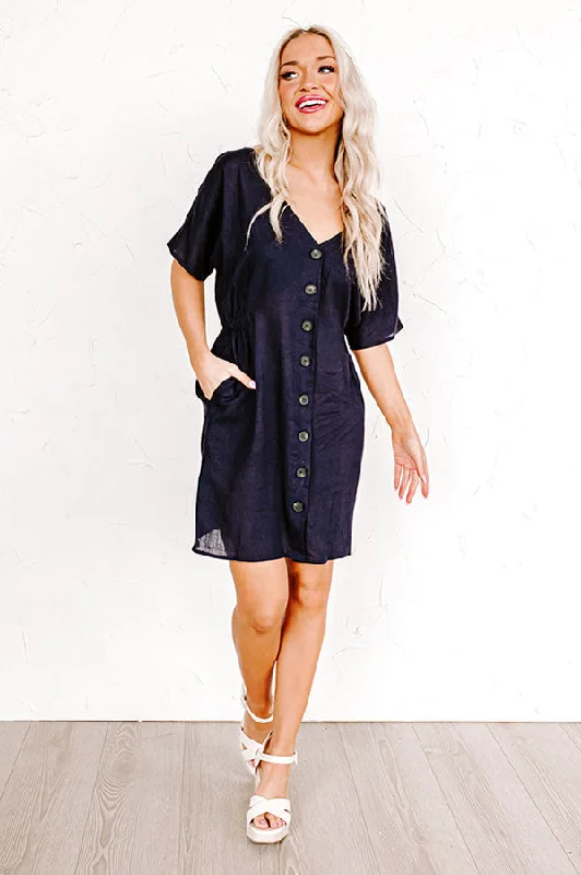 Wrap - Style Women Dress with Adjustable Fit for All Body TypesCapri Kisses Button Up Dress In Navy